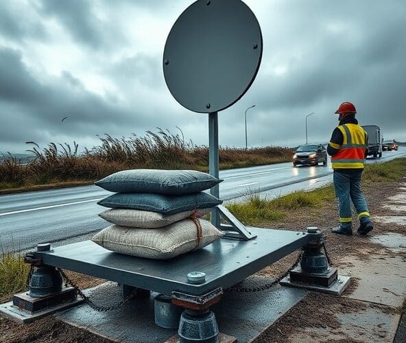 Jaka tymczasowa podstawa pod znaki drogowe przy porywach 100 km/h?