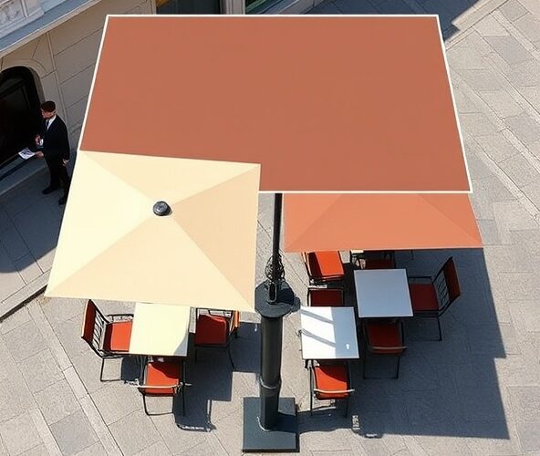 Czy parasol 2×3 wystarczy, by osłonić cztery stoliki 60×60 cm na miejskim chodniku?